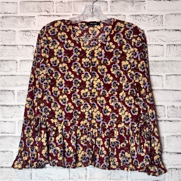 Madewell Red and Burgundy Ruffled Long Sleeve‎ Blouse pansy pattern size small - Picture 1 of 10